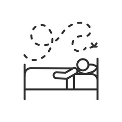 Mosquito keeps awake, linear icon, man on bed and mosquito flying. Line with editable stroke