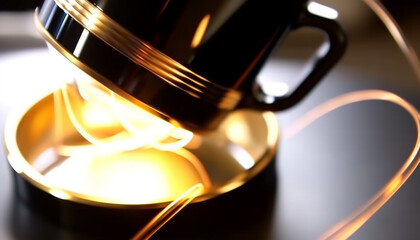 Hot coffee in stainless steel mug, glowing on stove top generated by AI