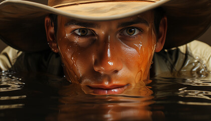 One woman, outdoors, looking at camera, smiling, in water generated by AI