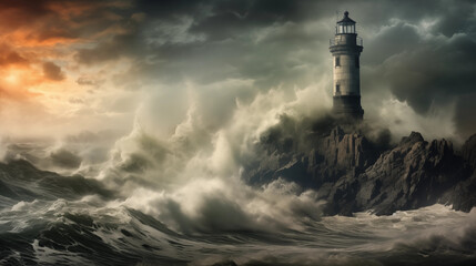 Stormy Sentinel: A lighthouse enduring the fury of a storm, with crashing waves and dramatic clouds, highlighting the strength and steadfastness of these coastal guardians - obrazy, fototapety, plakaty