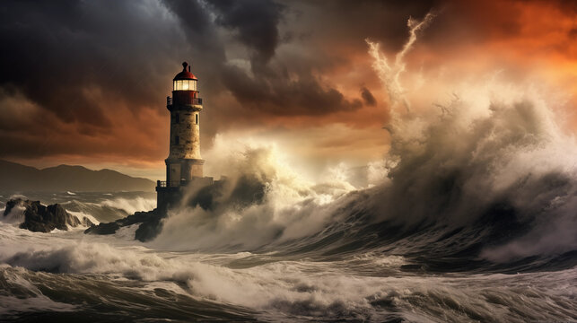 Stormy Sentinel: A lighthouse enduring the fury of a storm, with crashing waves and dramatic clouds, highlighting the strength and steadfastness of these coastal guardians