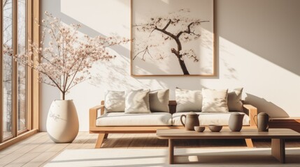 Modern interior japandi style design living room in natural tones. Scandinavian-inspired furniture, elegant accessories, minimal decor. Simplicity and natural beauty
