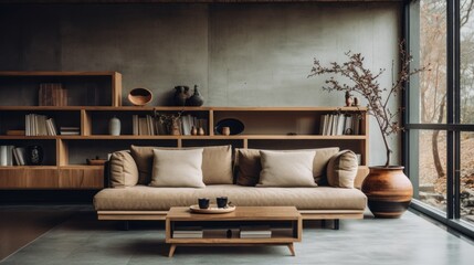 Modern interior japandi style design living room in natural tones. Scandinavian-inspired furniture, elegant accessories, minimal decor. Simplicity and natural beauty