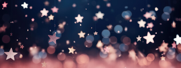 Abstract Christmas background with copy space for product or text. Small pink silver glitter stars on navy blue background with bokeh