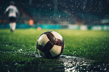 Soccer ball on a wet field, with a blurred player in the background. - obrazy, fototapety, plakaty