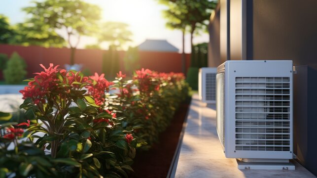Cooling Companions - Close-up View Of Air Conditioning Outdoor Units In The Backyard. Generative AI