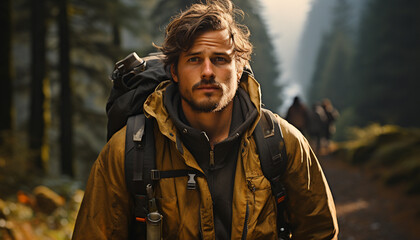 Fototapeta premium One man hiking in the forest, exploring nature beauty generated by AI