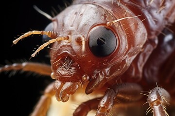 Close-up of a pinkish-brown isopod with antennae on a black background. - Powered by Adobe