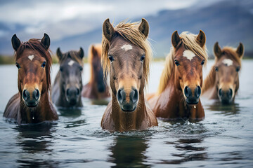 Herd of wild horses running free in nature - obrazy, fototapety, plakaty