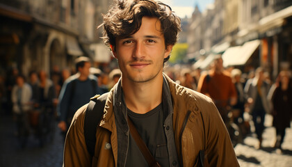 Fototapeta premium Young adult males walking in the city, smiling at the camera generated by AI