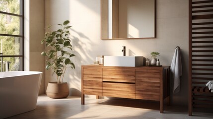 Fototapeta na wymiar Experience the warmth and charm of a finely crafted wooden bathroom vanity. Generative AI