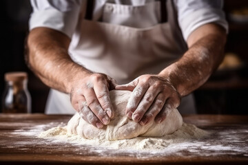 A bakery chef kneading dough at a kitchen wooden table makes delicious bread every day for customers who love it. Flour becomes dough on a wood table. Concept suitable for handmade meals and breakfast - obrazy, fototapety, plakaty