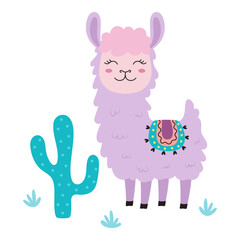 cute llama with cactus, cartoon poster with funny alpaca, flat vector Illustration for cards, posters, t-shirts, invitations, baby shower, birthday, room decor