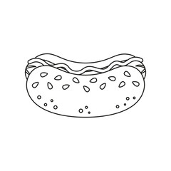 black and white hot dog isolated on white background, outline simple street food element, flat design, fast food vector illustration of bun with sausage