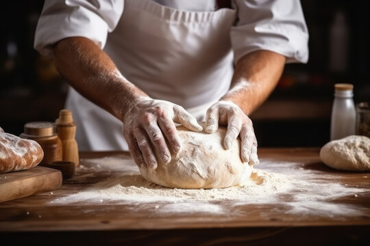 A bakery chef kneading dough at a kitchen wooden table makes delicious bread every day for customers who love it. Flour becomes dough on a wood table. Concept suitable for handmade meals and breakfast