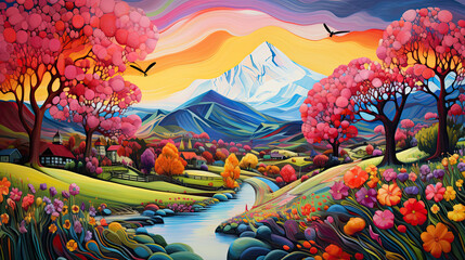 Fototapeta na wymiar Illustration of a colourful spring landscapes. 