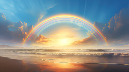 Ephemeral moment of a beach rainbow arching gracefully over a sunlit seascape AI generative