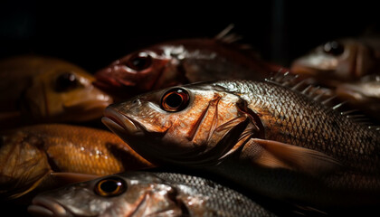 Fresh seafood catch of fish in a gourmet fish market generated by AI