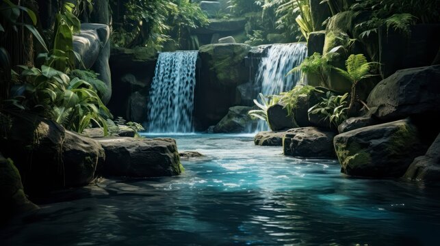 The Soothing Serenade of a Waterfall Bringing Peace in an Unparalleled Spa Oasis. Generative AI