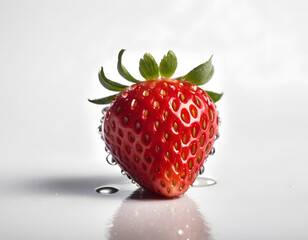 Fresh Single Strawberry with Dew Drops on Surface and Reflection on White Background - Detailed Close-up for Culinary and Nutritional Concepts 