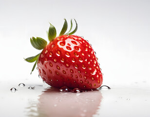 Fresh Single Strawberry with Dew Drops on Surface and Reflection on White Background - Detailed Close-up for Culinary and Nutritional Concepts 