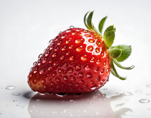 Fresh Single Strawberry with Dew Drops on Surface and Reflection on White Background - Detailed Close-up for Culinary and Nutritional Concepts 
