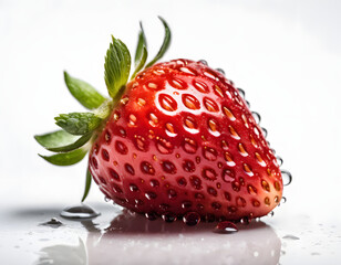 Fresh Single Strawberry with Dew Drops on Surface and Reflection on White Background - Detailed Close-up for Culinary and Nutritional Concepts 