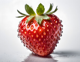 Fresh Single Strawberry with Dew Drops on Surface and Reflection on White Background - Detailed Close-up for Culinary and Nutritional Concepts 