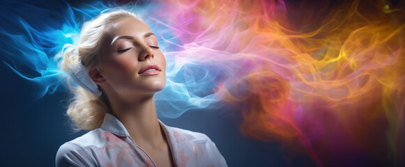 Euphonic Bliss Capture: Capturing the blissful moment, a woman's face basks in relaxation, eyes closed, surrounded by the ethereal dance of audible sensations
