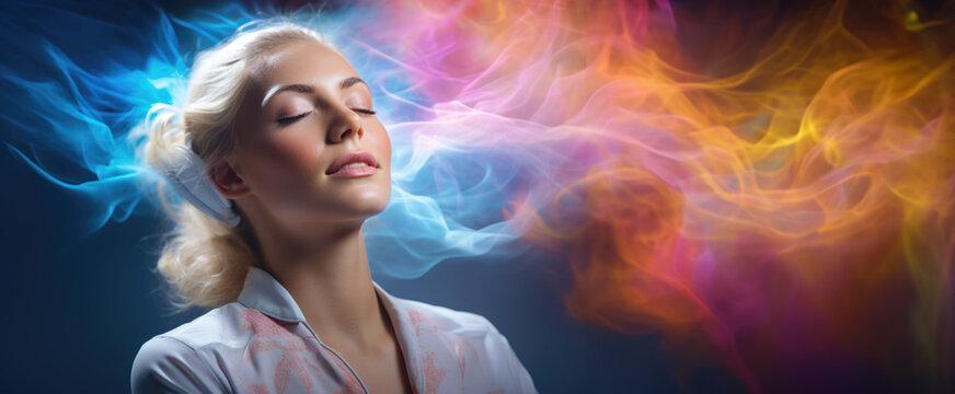 Euphonic Bliss Capture: Capturing the blissful moment, a woman's face basks in relaxation, eyes closed, surrounded by the ethereal dance of audible sensations