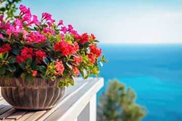 Fototapeta na wymiar Balcony Botanical Haven: Revel in the botanical haven showcased in this close-up, where the balcony becomes a haven of blooming flora against the mesmerizing ocean, radiating a serene spring mood