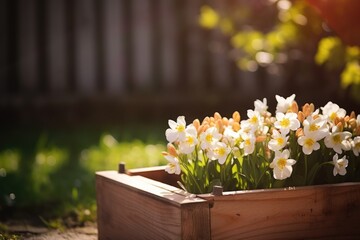 Wooden Bloom Ensemble: Up-close view of a wooden container cradling spring blossoms, illuminated by the sun's warmth, setting a springtime tone