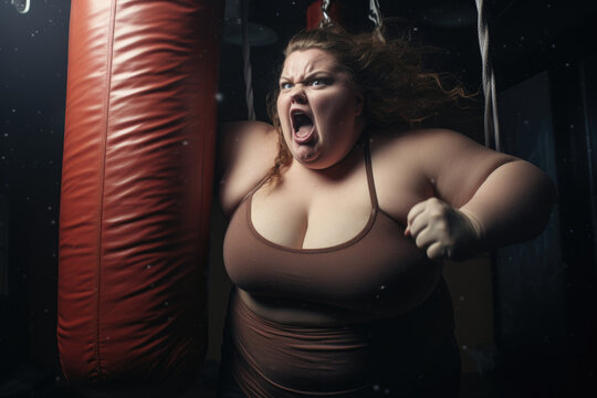 Weight Loss Triumph: Striking image portraying a triumphant moment in the weight loss journey, featuring an overweight woman conquering challenges on a punching bag