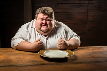 Hunger Struggle: Image capturing an emotional moment of an overweight man in tears before an empty...