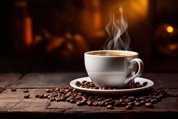 Foto auf Acrylglas Kaffee Bar cup of hot freshly prepared coffee and grains