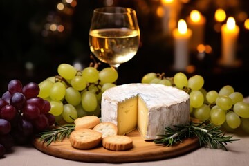 Fototapeta na wymiar white wine in a glass, cheese, grapes, truffles