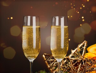 Festive holiday New Year two glasses with wine,