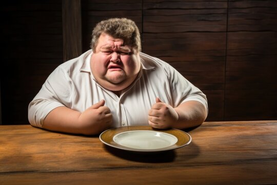Hunger Struggle: Image capturing an emotional moment of an overweight man in tears before an empty plate, symbolizing the challenges of overcoming food cravings