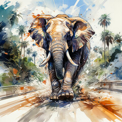 Watercolor elephant running through african jungle