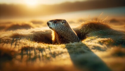 Groundhog's Peek: Curious Head Emerging from Sunlit Burrow