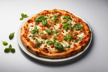 Pizza italiana su sfondo bianco con pomodori mozzarella e basilico freschi