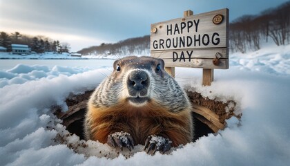 Groundhog Day Surprise: Furry Friend Emerges from Icy Burrow with Festive Greetings