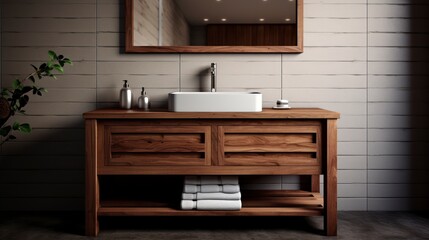 The Harmonious Blend of Warmth and Elegance in a Finely Crafted Wooden Bathroom Vanity. Generative AI