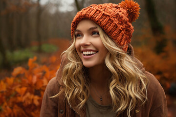 portrait of a beautiful woman in autumn, bright sunny day and snow