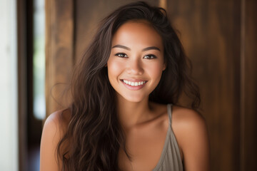 A closeup photo portrait of a beautiful young filipino model woman smiling with clean teeth. used for a skincare or beauty ad - obrazy, fototapety, plakaty