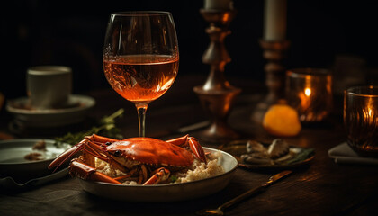 Gourmet seafood meal, wineglass filled, luxury celebration, fresh crab cooked generated by AI