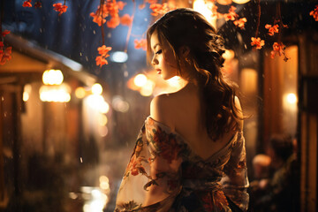 a beautiful woman posing in dress with floral pattern, Kyoto traditional old street scenes