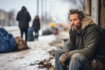 Sad homeless man sitting on the street in winter. Homelessness concept. - obrazy, fototapety, plakaty