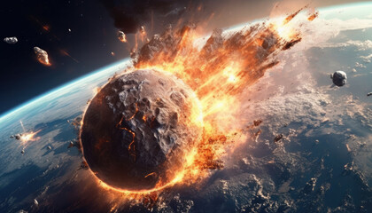 Destroying of planet by asteroid impact with huge explosion. - obrazy, fototapety, plakaty
