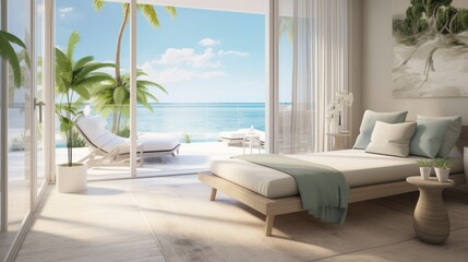 Fototapeta na wymiar A bedroom with a view of the ocean. Unwind with the serene beachfront views at the spa. Generative AI